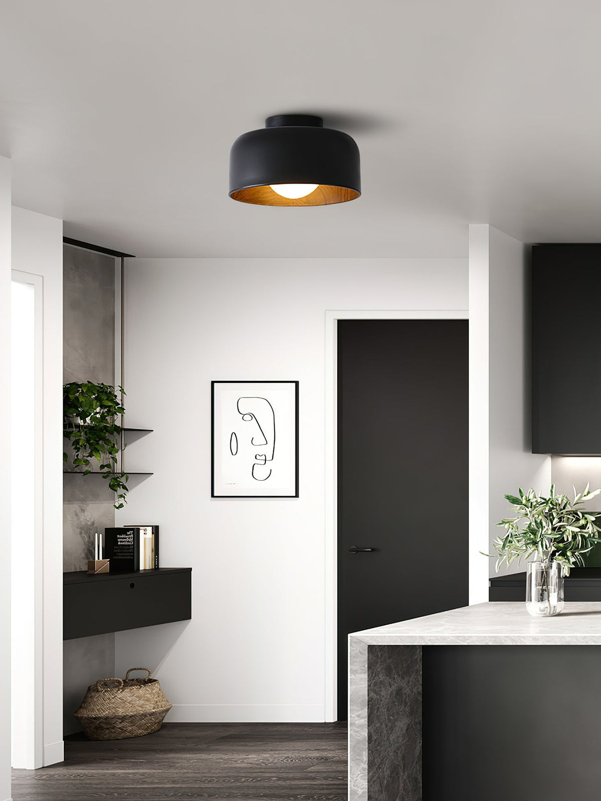 Flush Mount Ceiling Light Fixture for Bedroom Hallway Small Rooms 9 in Round LED Glass Shade with Wood Grain Interior Modern Accent for Livi
