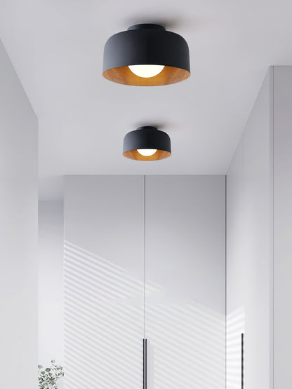 Flush Mount Ceiling Light Fixture for Bedroom Hallway Small Rooms 9 in Round LED Glass Shade with Wood Grain Interior Modern Accent for Livi