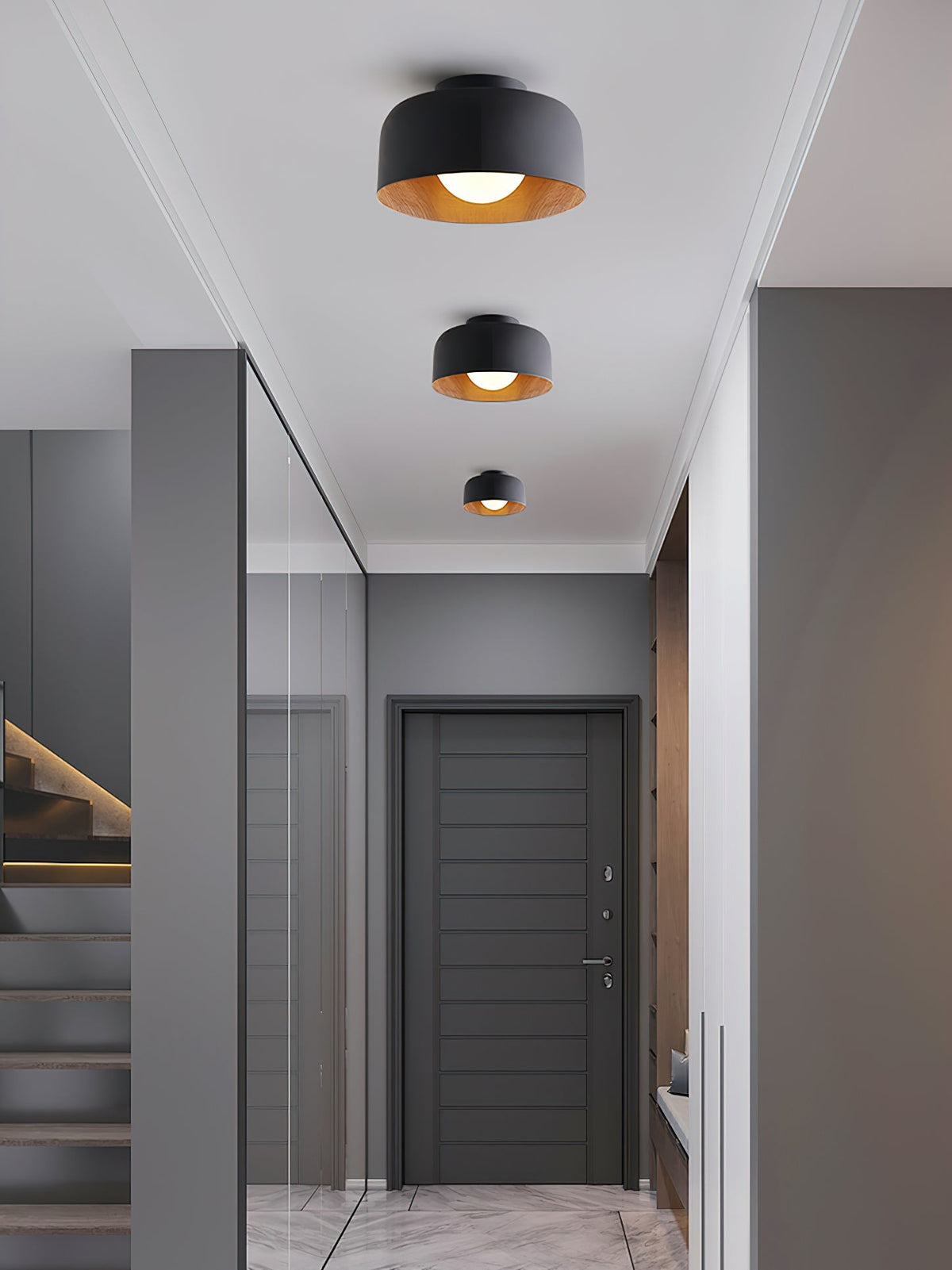 Flush Mount Ceiling Light Fixture for Bedroom Hallway Small Rooms 9 in Round LED Glass Shade with Wood Grain Interior Modern Accent for Livi