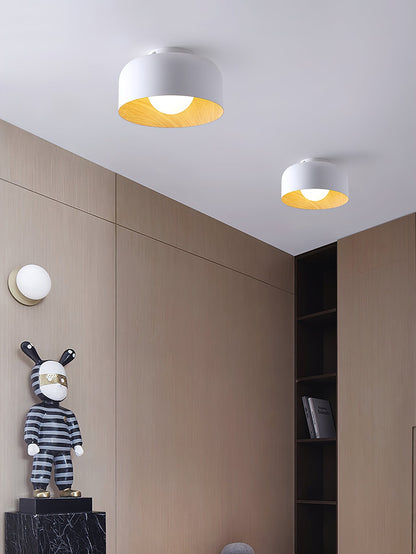 Flush Mount Ceiling Light Fixture for Bedroom Hallway Small Rooms 9 in Round LED Glass Shade with Wood Grain Interior Modern Accent for Livi