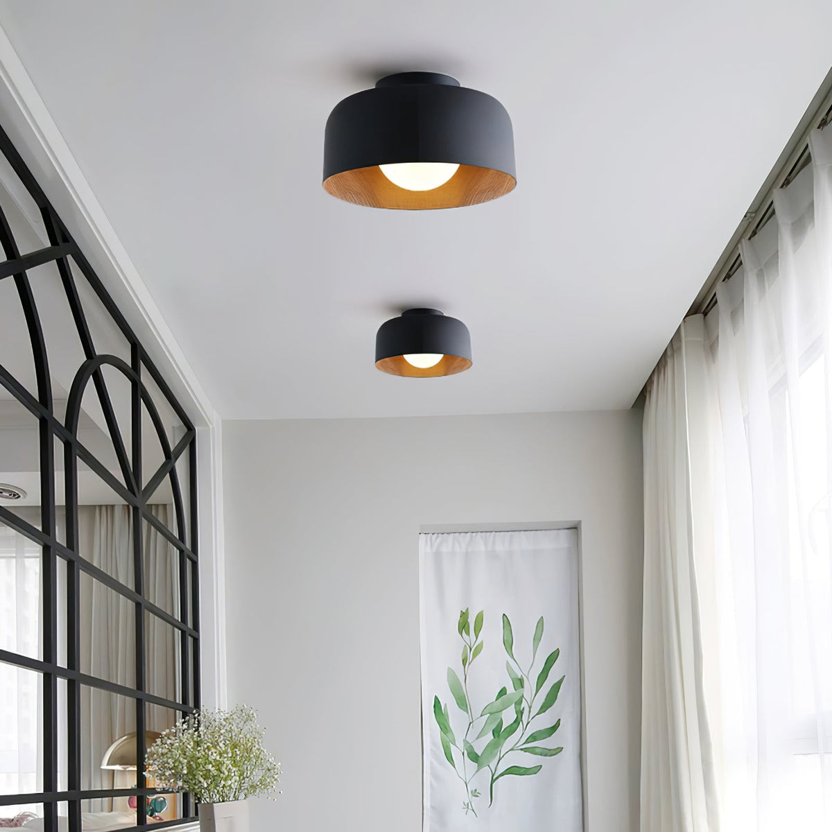 Flush Mount Ceiling Light Fixture for Bedroom Hallway Small Rooms 9 in Round LED Glass Shade with Wood Grain Interior Modern Accent for Livi