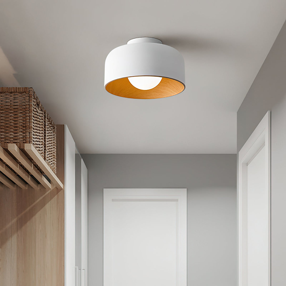 Flush Mount Ceiling Light Fixture for Bedroom Hallway Small Rooms 9 in Round LED Glass Shade with Wood Grain Interior Modern Accent for Livi