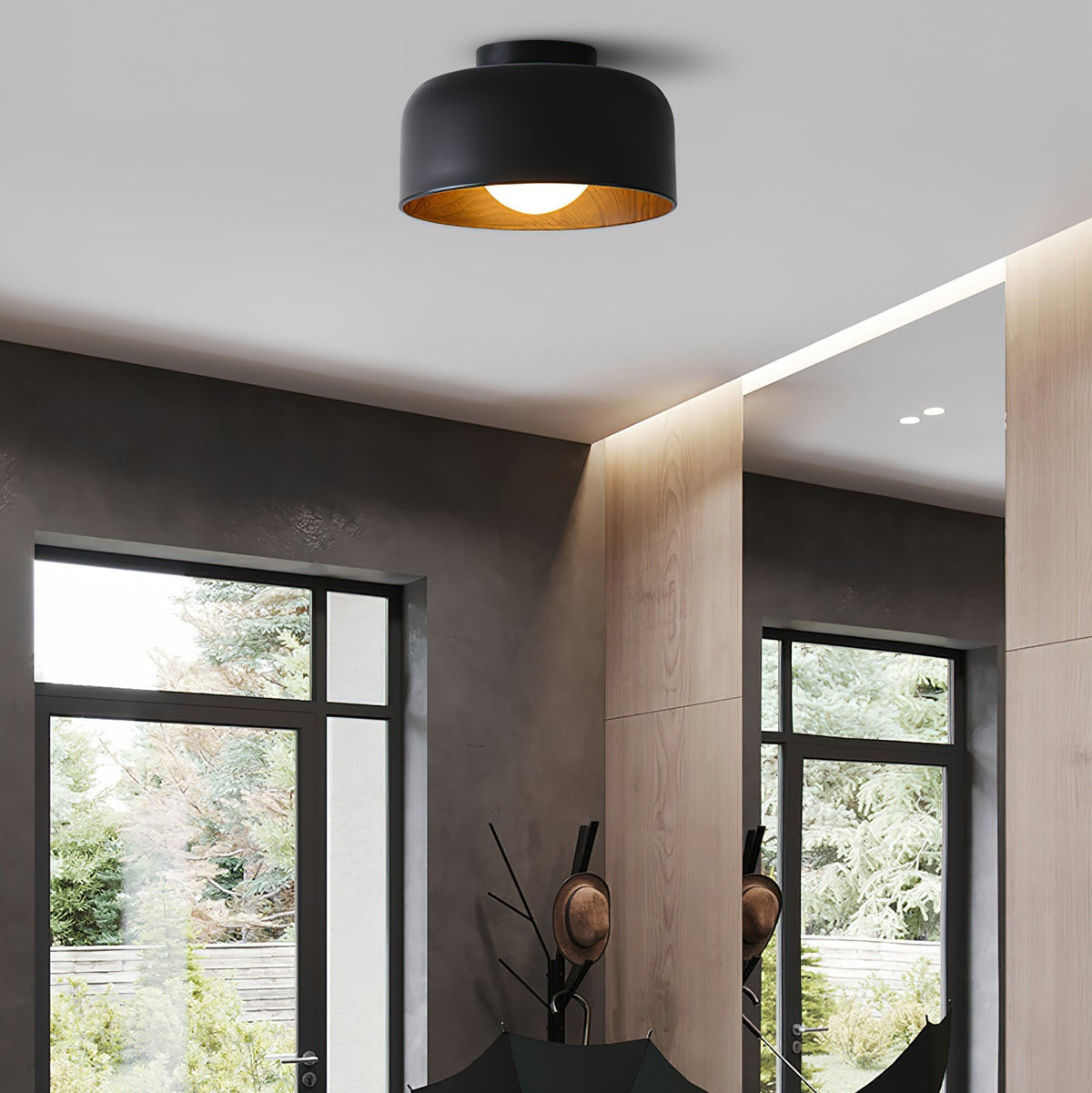 Flush Mount Ceiling Light Fixture for Bedroom Hallway Small Rooms 9 in Round LED Glass Shade with Wood Grain Interior Modern Accent for Livi