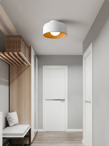 Flush Mount Ceiling Light Fixture for Bedroom Hallway Small Rooms 9 in Round LED Glass Shade with Wood Grain Interior Modern Accent for Livi