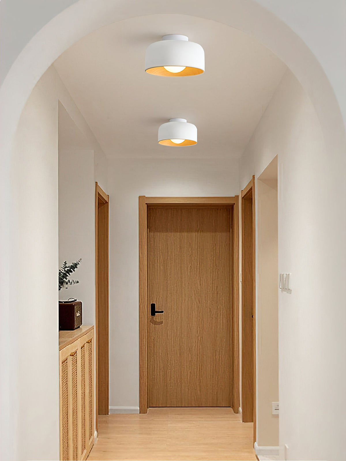 Flush Mount Ceiling Light Fixture for Bedroom Hallway Small Rooms 9 in Round LED Glass Shade with Wood Grain Interior Modern Accent for Livi