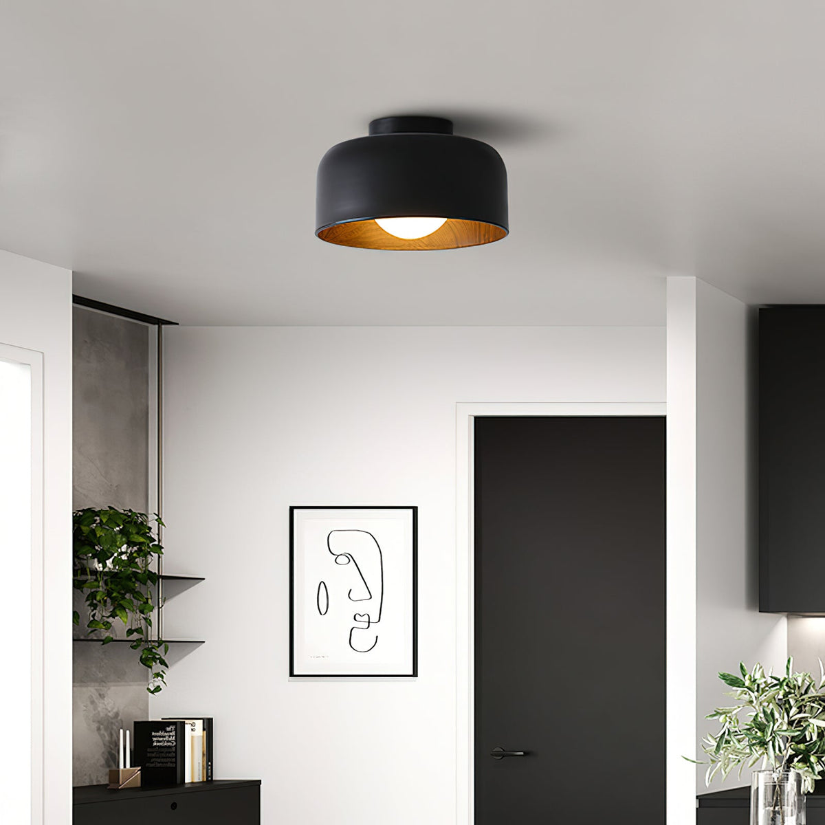 Flush Mount Ceiling Light Fixture for Bedroom Hallway Small Rooms 9 in Round LED Glass Shade with Wood Grain Interior Modern Accent for Livi
