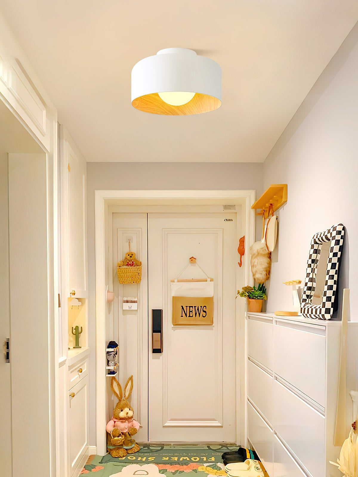 Flush Mount Ceiling Light Fixture for Bedroom Hallway Small Rooms 9 in Round LED Glass Shade with Wood Grain Interior Modern Accent for Livi
