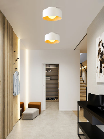 Flush Mount Ceiling Light Fixture for Bedroom Hallway Small Rooms 9 in Round LED Glass Shade with Wood Grain Interior Modern Accent for Livi