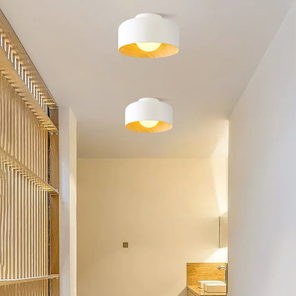 Flush Mount Ceiling Light Fixture for Bedroom Hallway Small Rooms 9 in Round LED Glass Shade with Wood Grain Interior Modern Accent for Livi