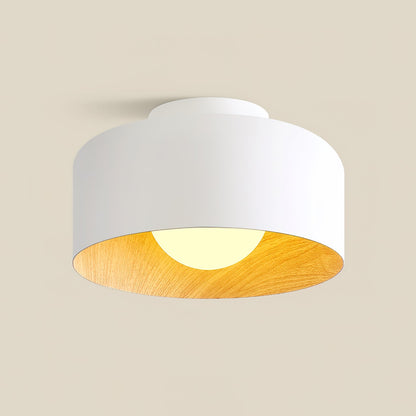 Flush Mount Ceiling Light Fixture for Bedroom Hallway Small Rooms 9 in Round LED Glass Shade with Wood Grain Interior Modern Accent for Livi