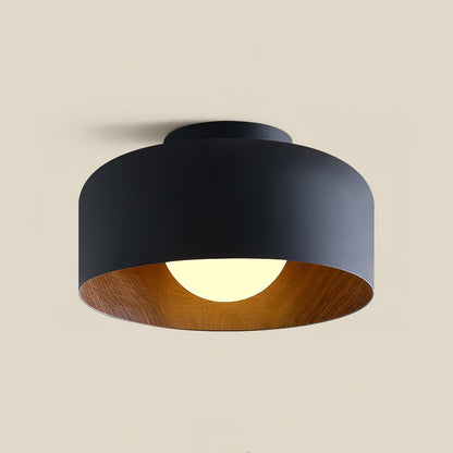 Flush Mount Ceiling Light Fixture for Bedroom Hallway Small Rooms 9 in Round LED Glass Shade with Wood Grain Interior Modern Accent for Livi
