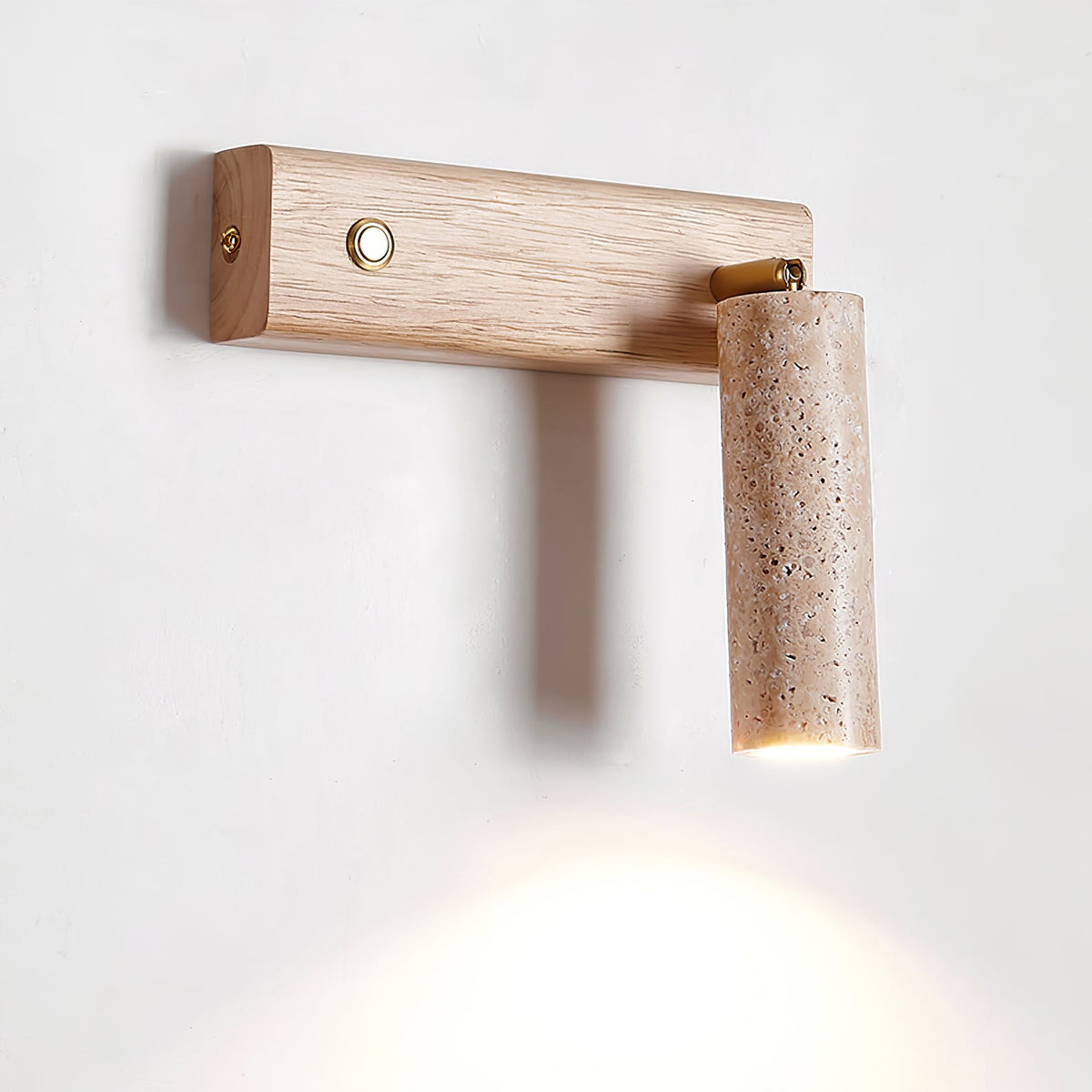 Cylindrical Travertine Wall Sconce with Integrated LED – Natural Stone & Walnut Accent Lighting for Modern Interiors