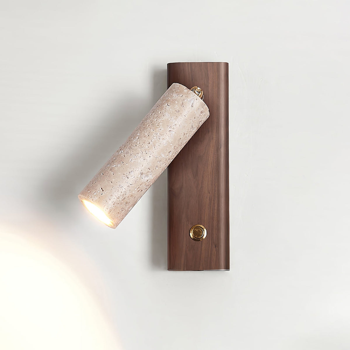 Cylindrical Travertine Wall Sconce with Integrated LED – Natural Stone & Walnut Accent Lighting for Modern Interiors