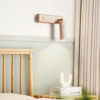 Cylindrical Travertine Wall Sconce with Integrated LED – Natural Stone & Walnut Accent Lighting for Modern Interiors
