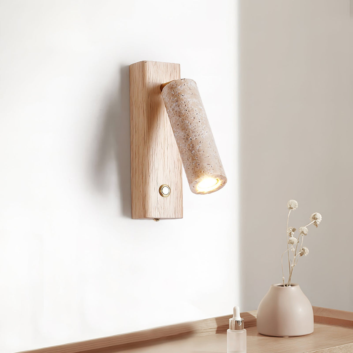 Cylindrical Travertine Wall Sconce with Integrated LED – Natural Stone & Walnut Accent Lighting for Modern Interiors