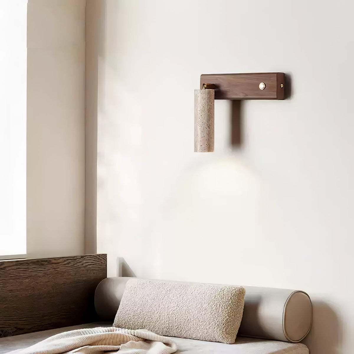 Cylindrical Travertine Wall Sconce with Integrated LED – Natural Stone & Walnut Accent Lighting for Modern Interiors