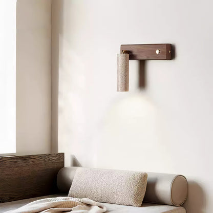 Cylindrical Travertine Wall Sconce with Integrated LED – Natural Stone & Walnut Accent Lighting for Modern Interiors