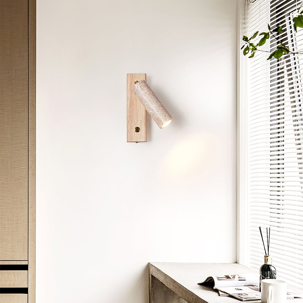 Cylindrical Travertine Wall Sconce with Integrated LED – Natural Stone & Walnut Accent Lighting for Modern Interiors