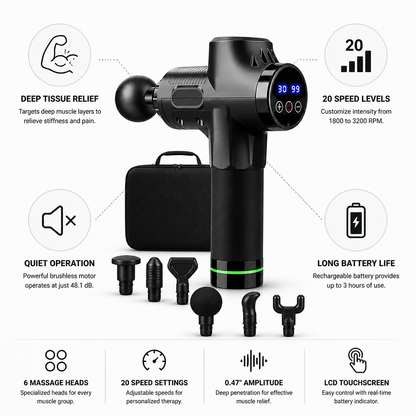 20-Speed Deep-Tissue Percussion Massage Gun (6 Interchangeable Heads)