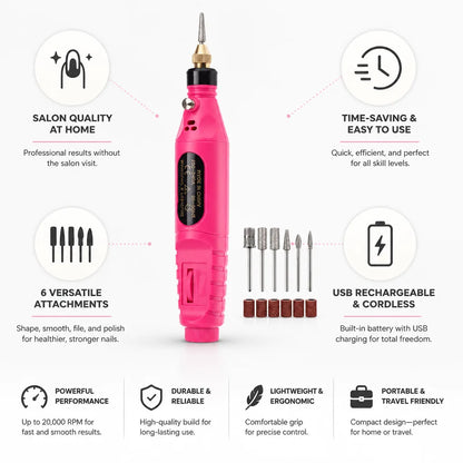Electric Nail File Cordless USB Rechargeable 6 Attachments