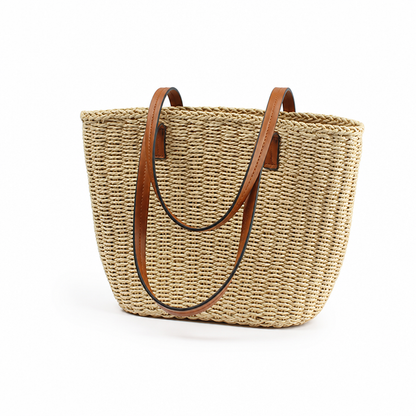 Handwoven Natural Rush Tote (Leather Handles)