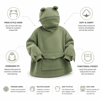 Hoodie Frog-Style Zip-Up Hood & Sleeves Oversized Cotton Fleece