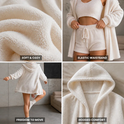 Loungewear Set Hooded Top & Shorts Soft Polyester Elastic Waistband