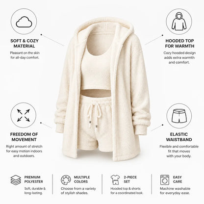 Loungewear Set Hooded Top & Shorts Soft Polyester Elastic Waistband
