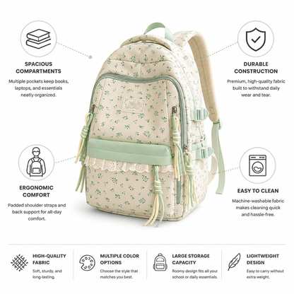 Machine-Washable Floral Print School Backpack