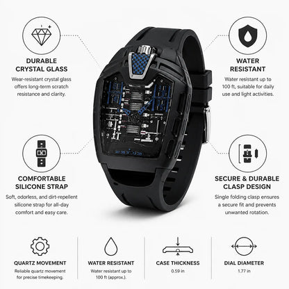 Men's Watch Skeleton Dial Crystal Glass & Silicone Strap