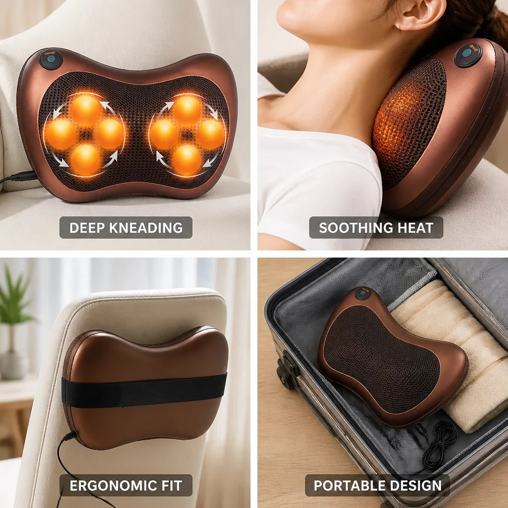 Neck & Back Massage Pillow 8 Deep-Kneading Rollers Heat