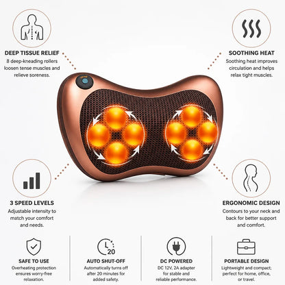 Neck & Back Massage Pillow 8 Deep-Kneading Rollers Heat