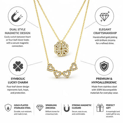Necklace Magnetic Convertible Clover-Heart Gold-Plated Stainless Steel & Zirconia