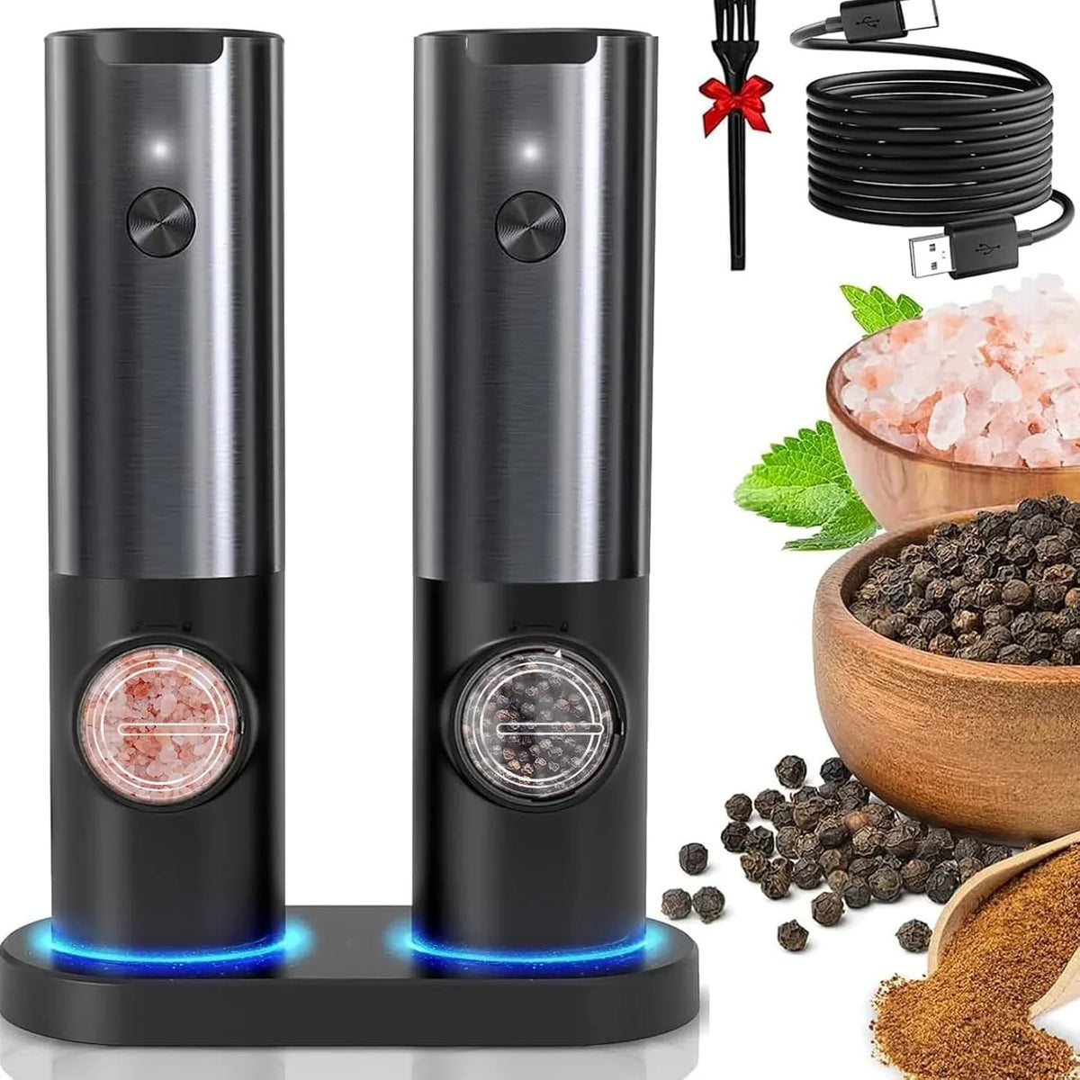Salt And Pepper Mill Set Rechargeable Adjustable Grind