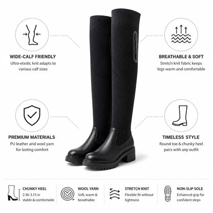 Thigh-High Boots Stretch Knit Wide-Calf Friendly Chunky Heel
