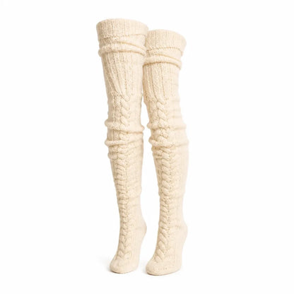 Thigh-High Socks Wool Blend Embroidered One Size