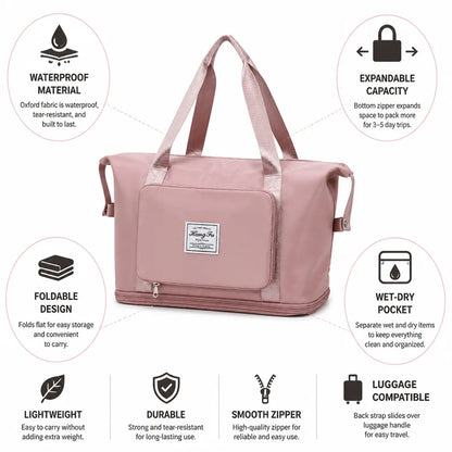 Travel Bag Foldable Waterproof Expandable Bottom & Wet-Dry Pocket