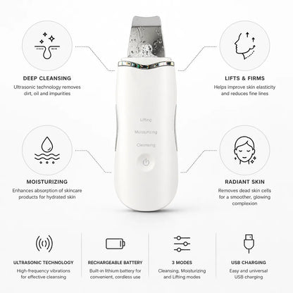 Ultrasonic Skin Scrubber Deep Cleansing 3 Modes USB Rechargeable