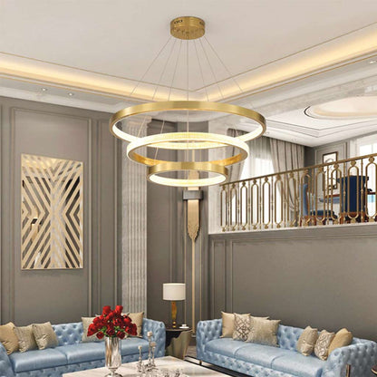 Multi-Ring LED Ceiling Fixture Gold 39 in Adjustable Height Dimmable Remote Control for Living Room Dining Room Entryway High Ceilings Conte