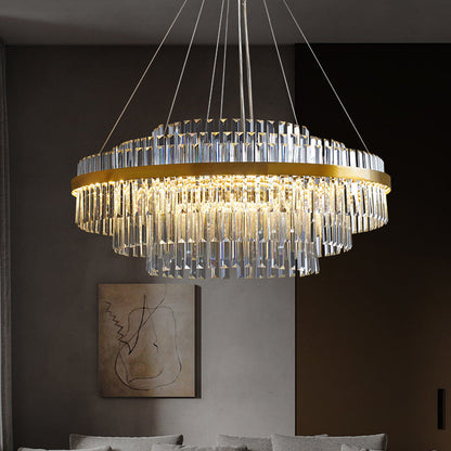 Crystal Chandelier Fixture Round Rectangular LED Warm White Adjustable Height Gold Metal Dining Table Overhead Modern Ceiling Light for Livi