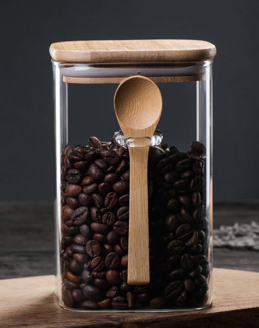 Luxury Glass Coffee Storage Jar with Wooden Lid and Spoon – 3 Sizes Available