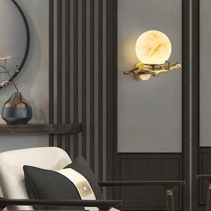 Marble & Brass Wall Sconce LED Light Fixture for Bedroom, Living Room, Hallway – Modern Minimalist Indoor Lighting