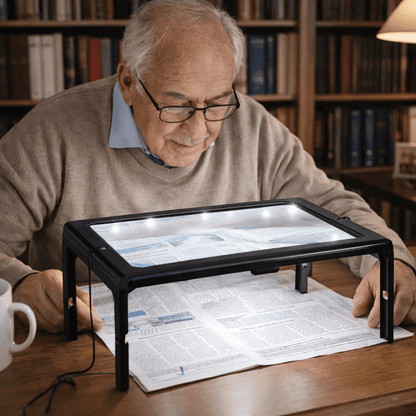 Folding Desktop Magnifier with Built-In LED Light for Reading Books and Small Print | Hands-Free 3X Magnification Lens for Crafts Hobbies