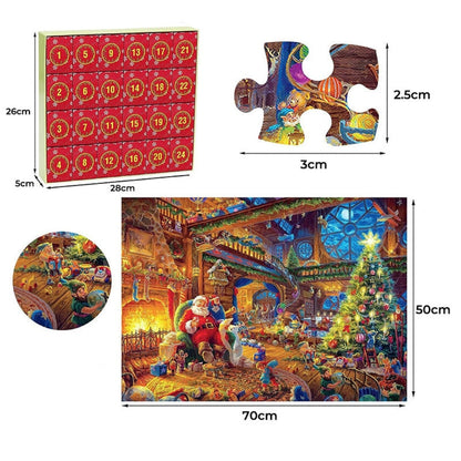 Advent Calendar Christmas Jigsaw Puzzle 1008 Pieces – Daily 42-Piece Countdown Set with Workshop Scene & Poster for Kids & Adults