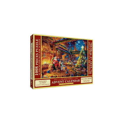Advent Calendar Christmas Jigsaw Puzzle 1008 Pieces – Daily 42-Piece Countdown Set with Workshop Scene & Poster for Kids & Adults