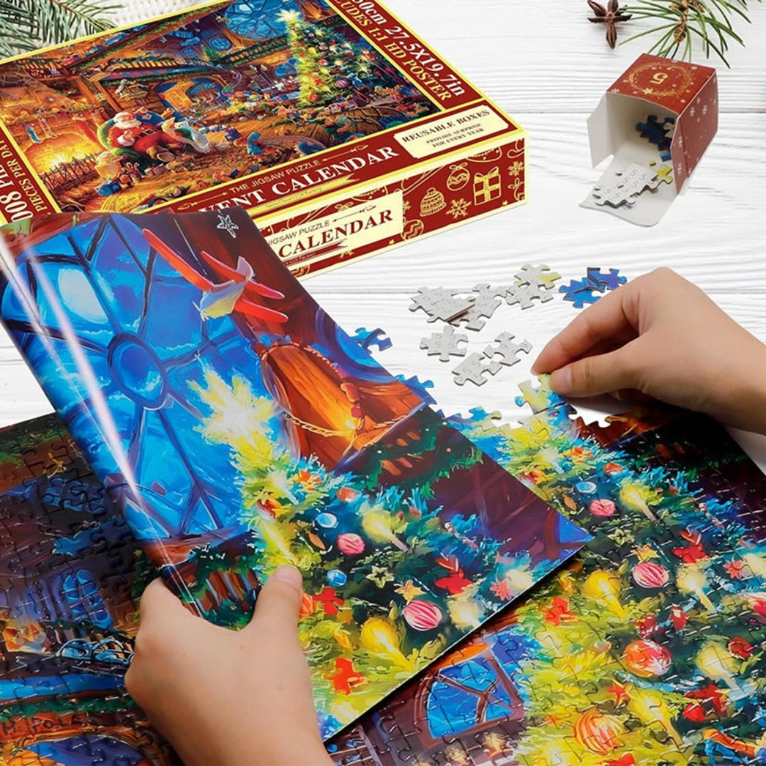 Advent Calendar Christmas Jigsaw Puzzle 1008 Pieces – Daily 42-Piece Countdown Set with Workshop Scene & Poster for Kids & Adults
