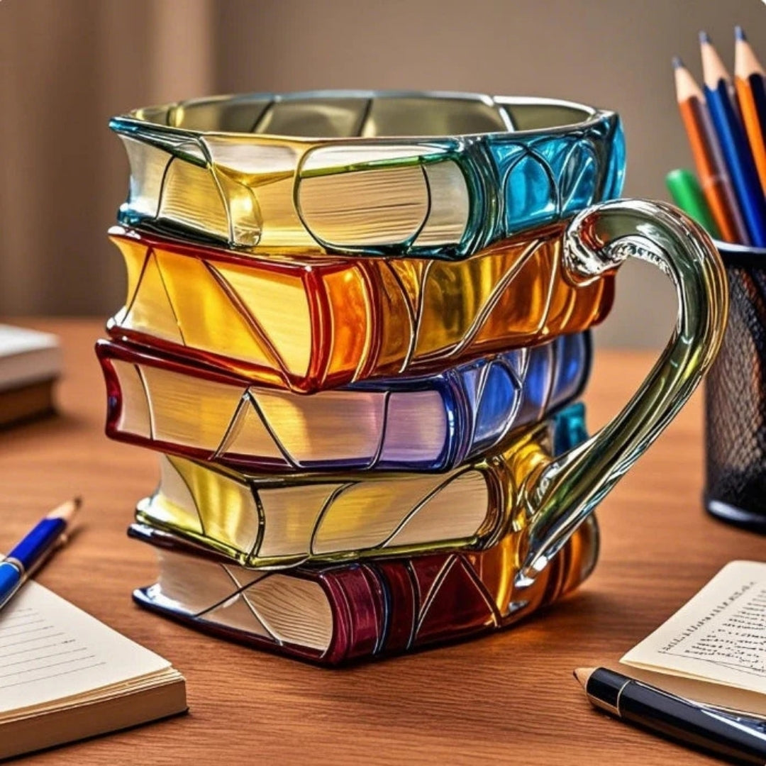 Ceramic Stacked Book Coffee Mug with 3D Hand-Painted Design | Literary Gift for Book Lovers & Writers | Decorative Tea Cup for Home & Office