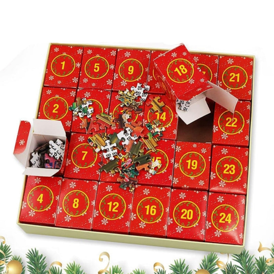 Advent Calendar Christmas Jigsaw Puzzle 1008 Pieces – Daily 42-Piece Countdown Set with Workshop Scene & Poster for Kids & Adults