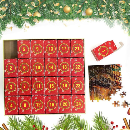 Advent Calendar Christmas Jigsaw Puzzle 1008 Pieces – Daily 42-Piece Countdown Set with Workshop Scene & Poster for Kids & Adults