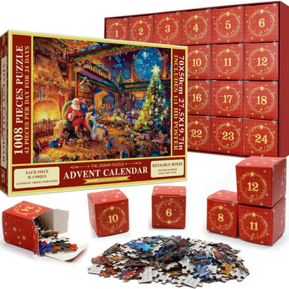 Advent Calendar Christmas Jigsaw Puzzle 1008 Pieces – Daily 42-Piece Countdown Set with Workshop Scene & Poster for Kids & Adults